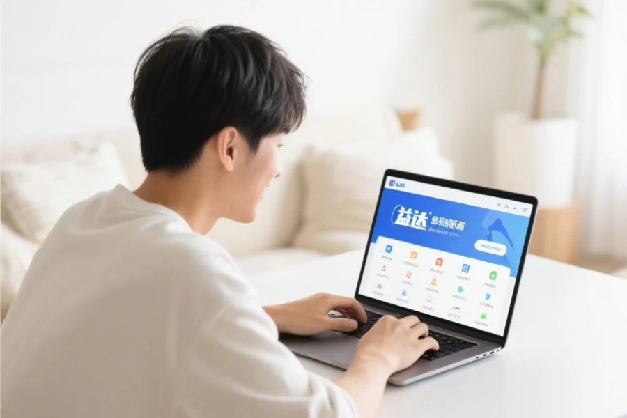 一位年轻用户在明亮舒适的室内环境中愉快地使用笔记本电脑，屏幕上展示双赢客户端新版界面